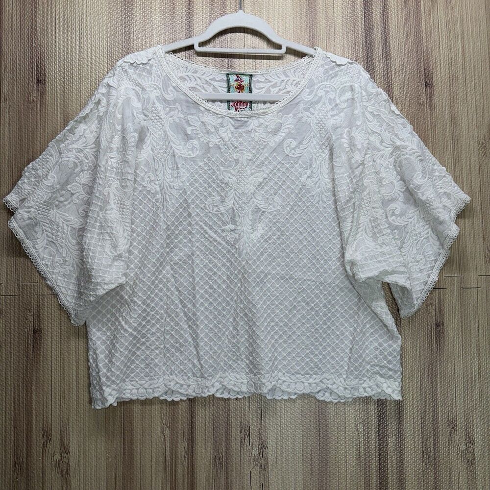 Johnny Was Embroidered Blouse White Medium C17319-0 Batwing Crochet Trim Cupra